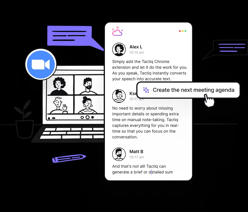 Das Tactiq AI-Interface für Zoom-Meetings zeigt eine Echtzeit-Transkription und intelligente Funktionen