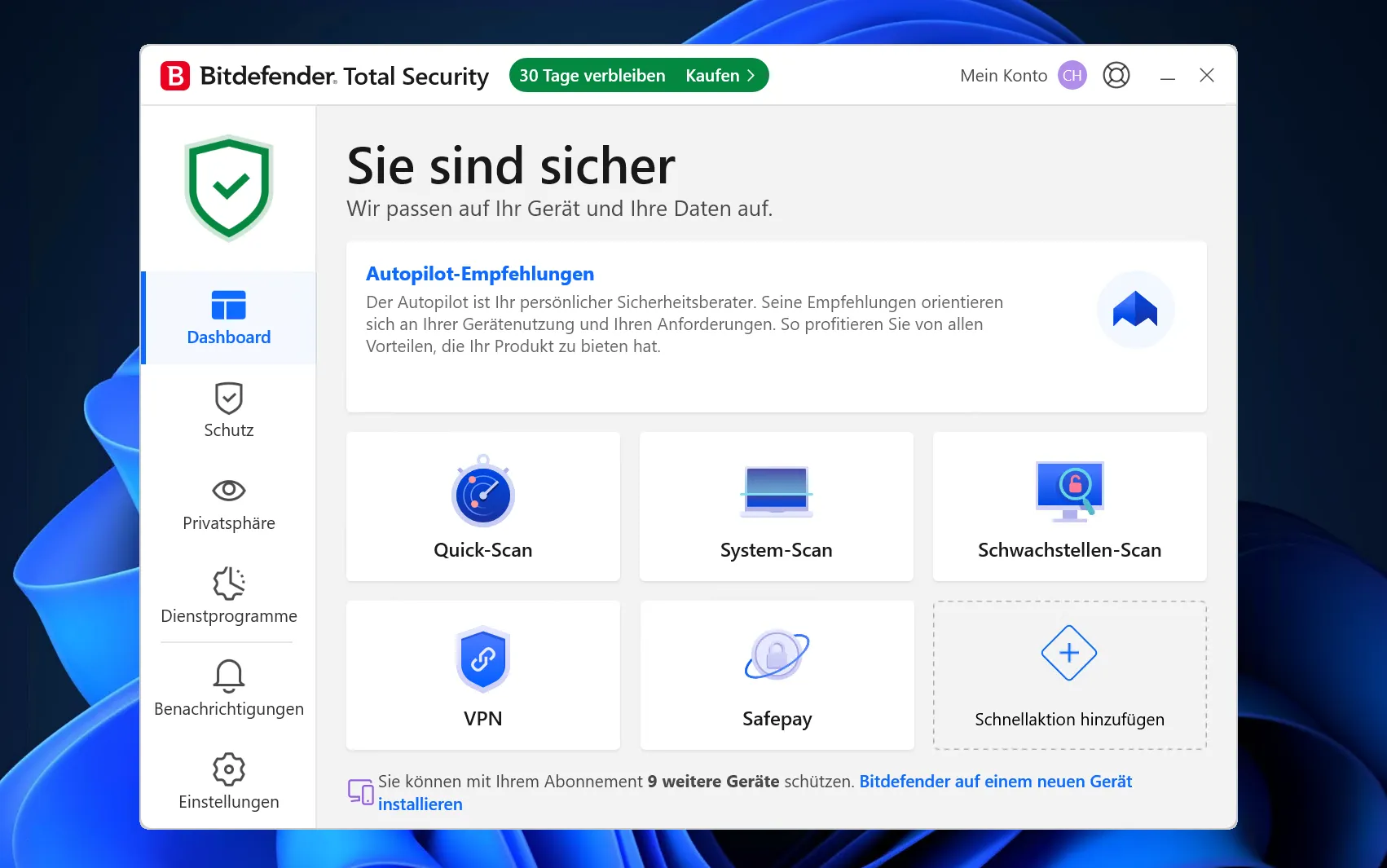 Das übersichtliche Dashboard von Bitdefender Total Security
