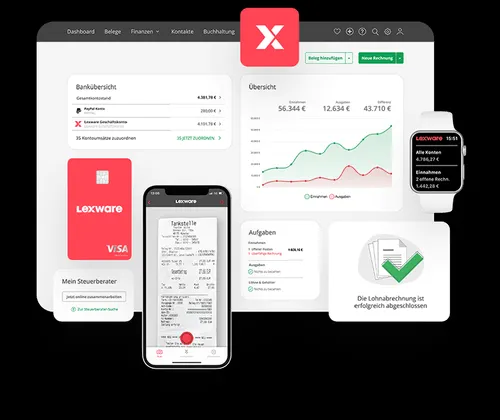 Dashboard der Lexware Office Software mit der Kreditkarte, Smartphone-App und Apple-Watch-Übersicht