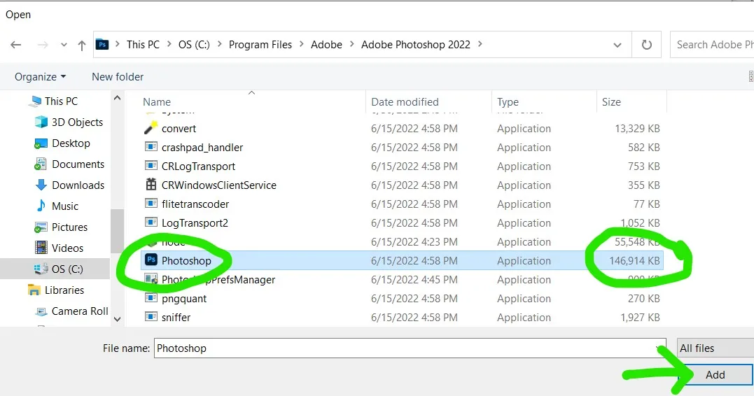 Dateiexploreransicht mit markierter Photoshop.exe-Datei im Adobe Photoshop 2022 Ordner