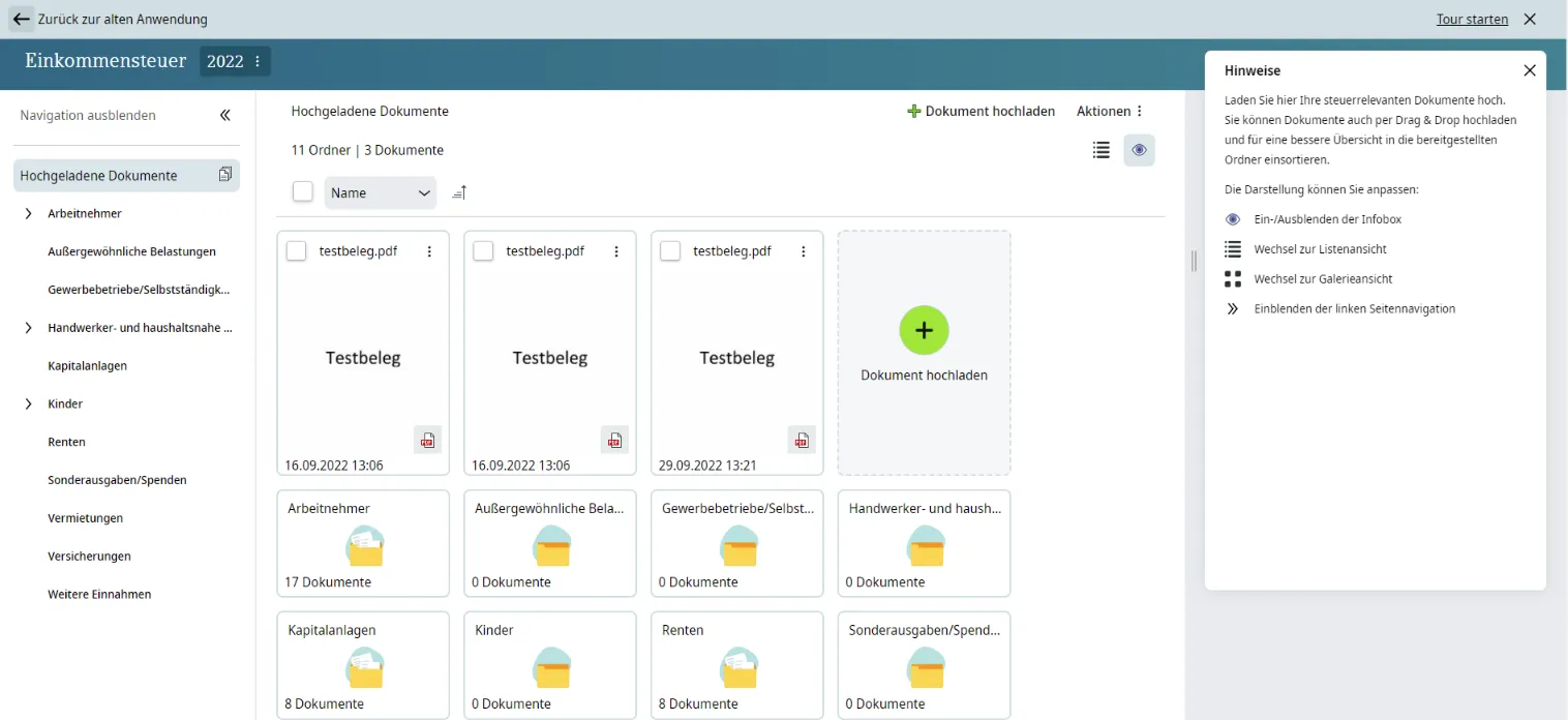 DATEV Meine Steuern Weboberfläche Übersicht hochgeladener Dokumente