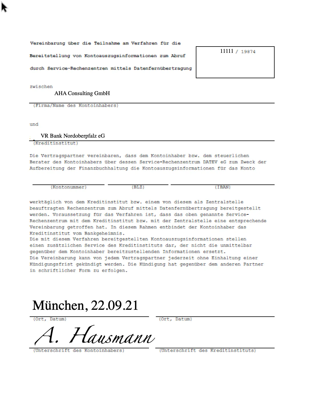 DATEV RZ-Bankinfo Formular für die Freischaltung des elektronischen Bankbuchens