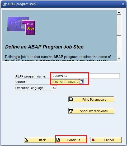 Definition des Analyseschritts mit Programm RKKBCAL2 und Variante für den SAP Hintergrundjob