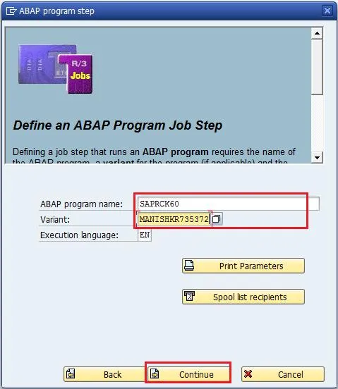 Definition des ersten Schrittes (Materialauswahl) für den SAP Hintergrundjob mit Programm SAPRCK60 und Variante