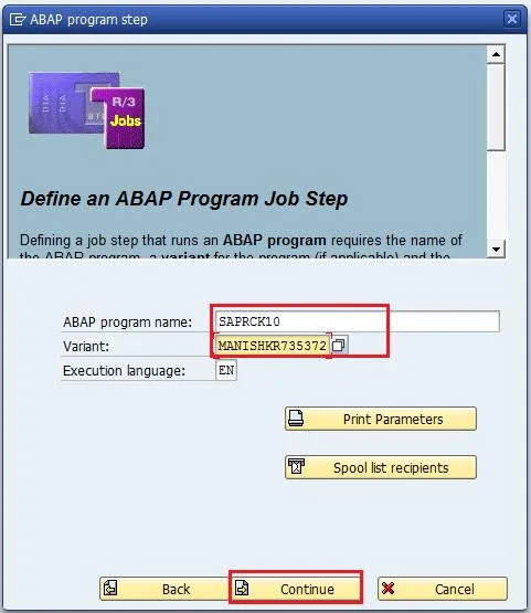 Definition des Kalkulationsschritts mit Programm SAPRCK10 und Variante im SAP Hintergrundjob