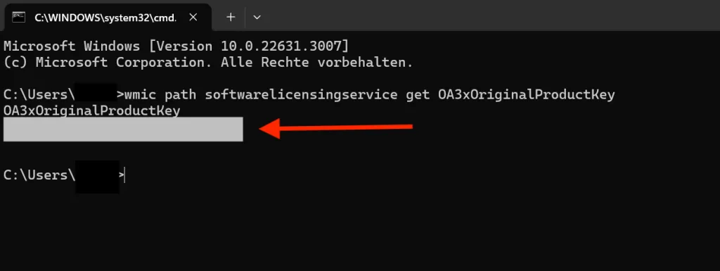 Der ausgelesene Windows 10 Produktschlüssel wird im Eingabeaufforderungsfenster angezeigt