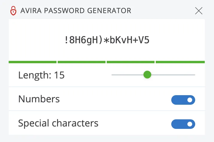 Der Avira Password Manager Passwortgenerator erstellt ein Passwort. Die Länge wurde auf 18 Zeichen eingestellt und die Optionen für Zahlen und Sonderzeichen wurden aktiviert.