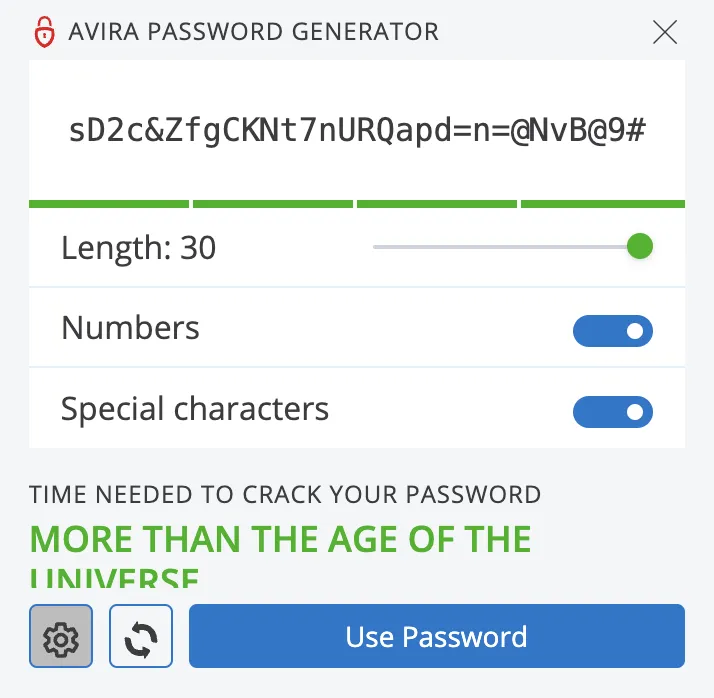 Der Avira Password Manager testet die Stärke eines 30-stelligen Passworts. Das Ergebnis: Es würde länger dauern als das Alter des Universums, um es zu knacken.