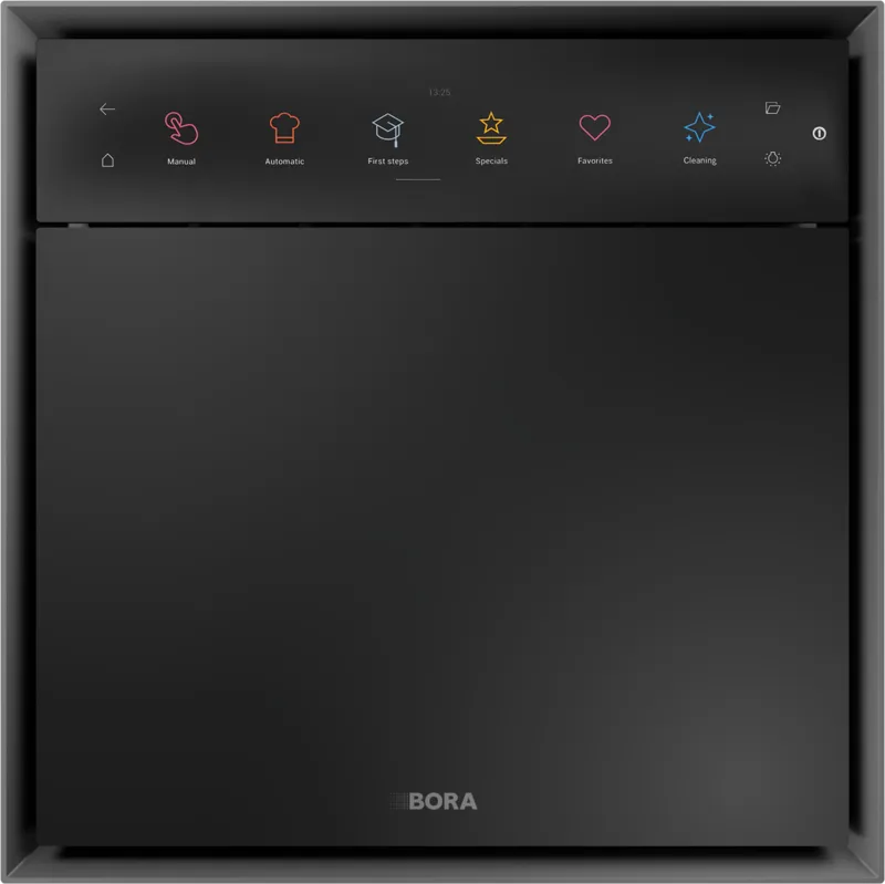 Der elegante BORA X BO Dampfbackofen mit großem 19-Zoll-Touchdisplay in einer modernen Küche