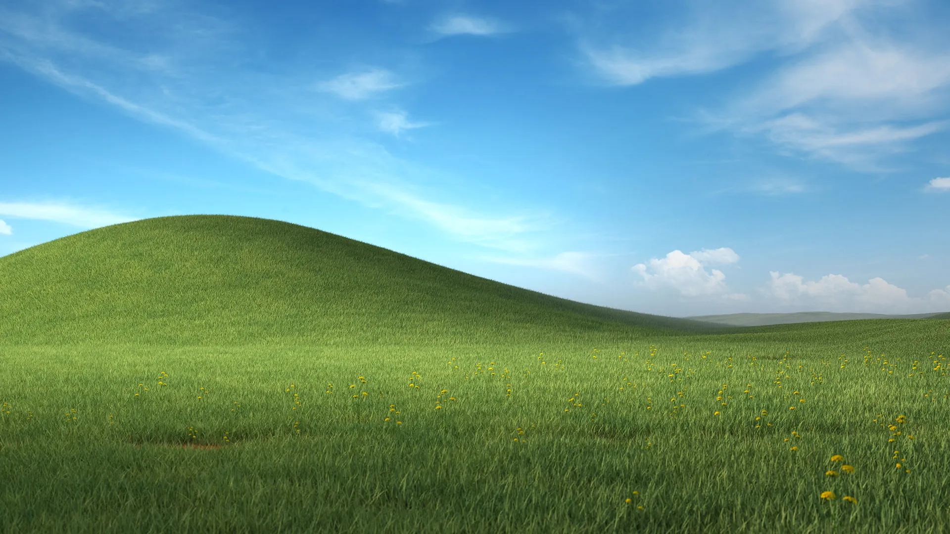 Der ikonische Windows XP Bliss-Hintergrund in einer modernisierten Version für Microsoft Teams, grüne Hügellandschaft.