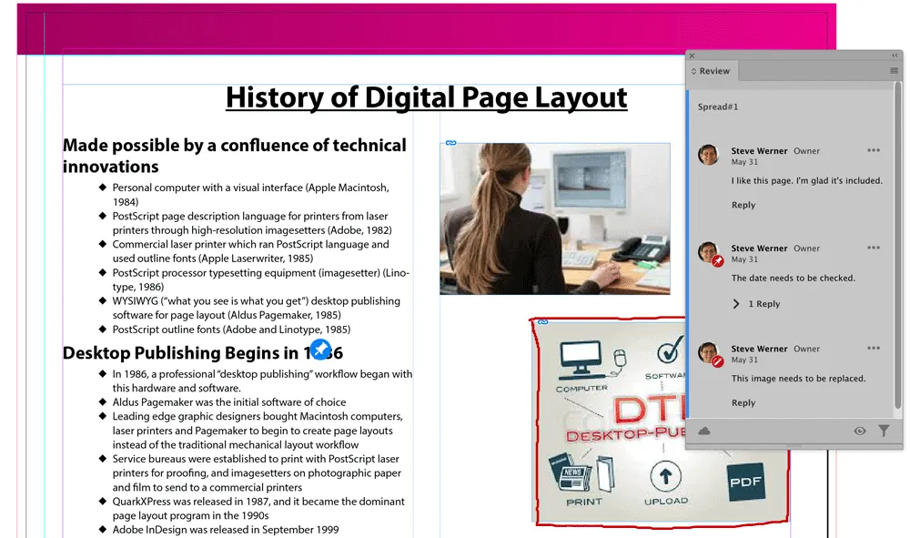 Der Kommentar-Bedienfeld in InDesign zeigt die Rückmeldungen der Prüfer und ermöglicht deren Bearbeitung