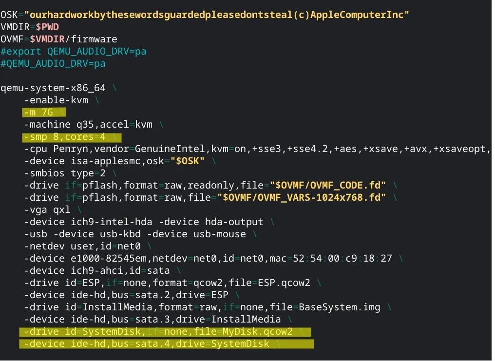 Der Nano-Texteditor zeigt die Konfigurationsdatei basic.sh mit hervorgehobenen Zeilen zur Anpassung von RAM und CPU für die macOS-VM.