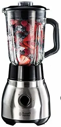 Der Russell Hobbs 23821-56 Smoothie-Maker mit Glasbehälter und Trinkflasche.