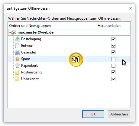 Detailansicht der Offline-Synchronisationseinstellungen für einzelne Ordner in Thunderbird