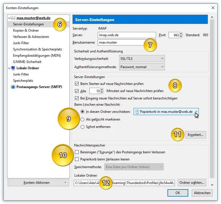 Detailansicht der Server-Einstellungen für ein IMAP-Konto in Thunderbird