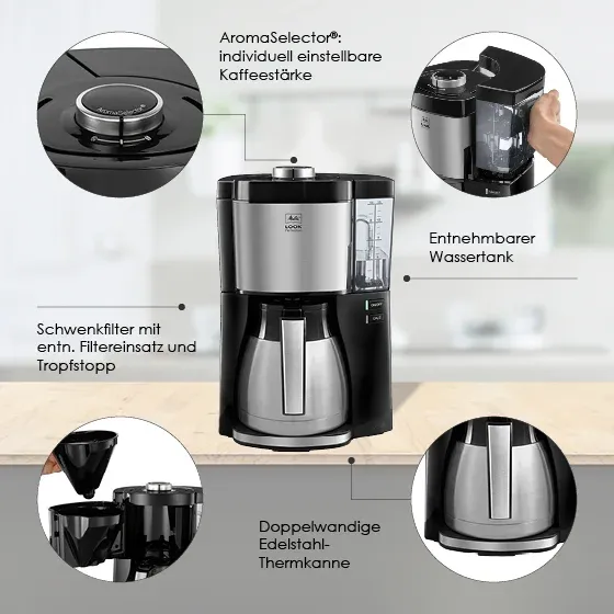 Detailansicht des abnehmbaren Wassertanks und des Schwenkfilters einer modernen Filterkaffeemaschine.