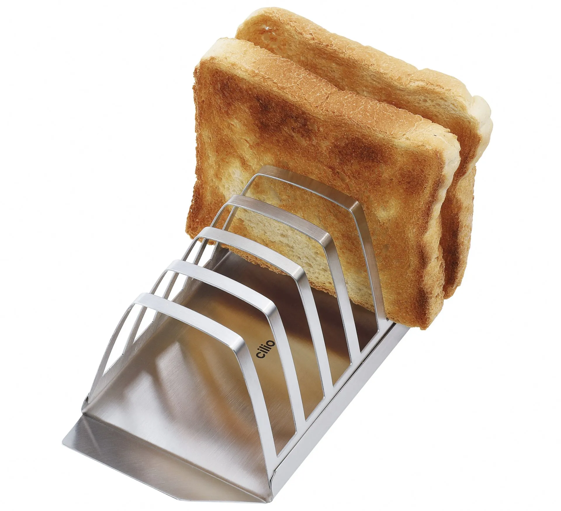 Detailansicht des cilio Toasthalters mit integriertem Krümelfach und Toast