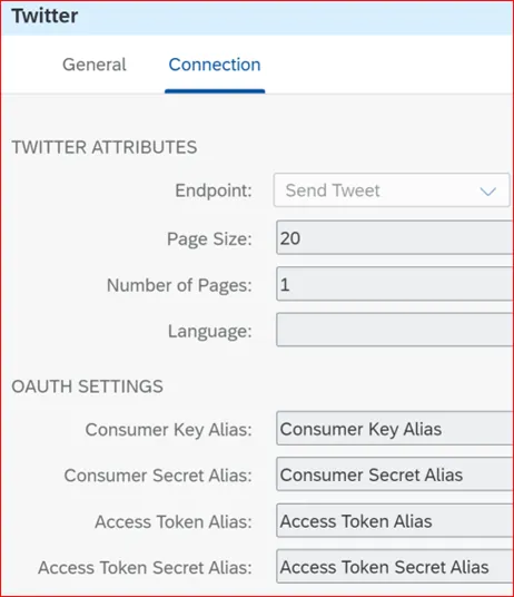 Detaileinstellungen des Twitter API Konnektors im SAP CI Integrations-Flow