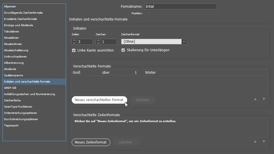 Detaillierte Einstellungen für Initialen in InDesign, die eine umfassende Kontrolle über Größe, Position und Textumbruch ermöglichen.