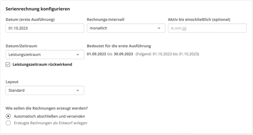 Detaillierte Konfigurationsoptionen für eine Serienrechnung in Lexoffice