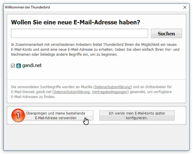 Dialog "Überspringen und meine bestehende E-Mail-Adresse verwenden" im Thunderbird Konten-Assistenten