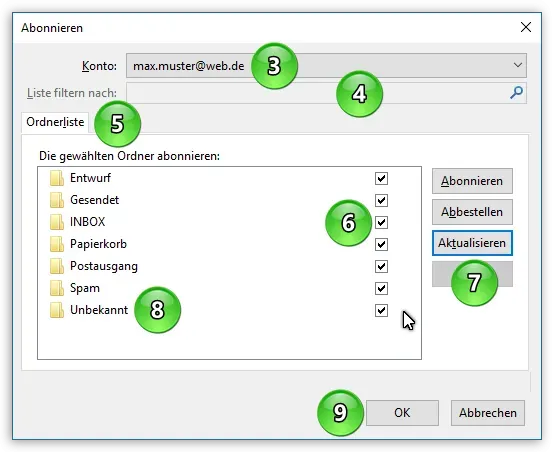 Dialog zur Auswahl und zum Abonnieren von IMAP-Ordnern in Thunderbird