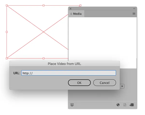 Dialogfeld &quot;Video von URL platzieren&quot; in InDesign 15.1.4 zur Einbettung von Streaming-Videos