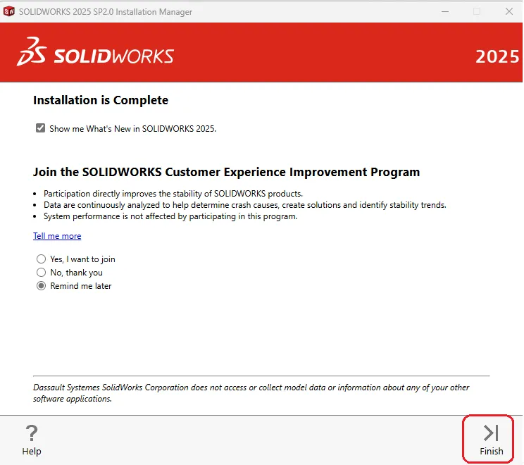 Dialogfeld zur Fortsetzung der SolidWorks Installation