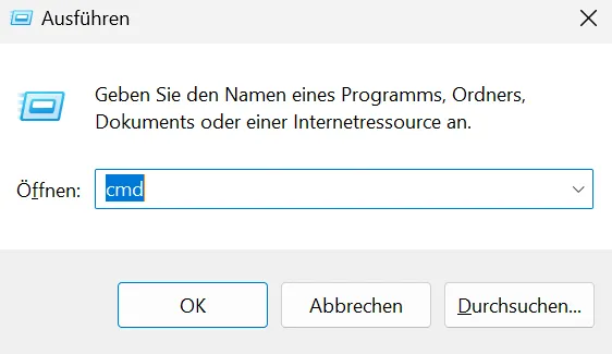 Dialogfenster "Ausführen" zum Starten der Eingabeaufforderung mit dem Befehl "cmd"