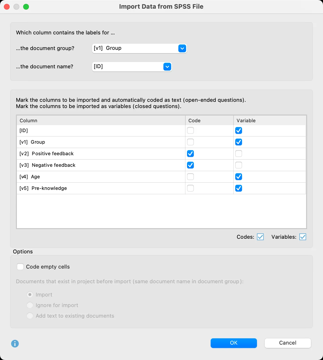 Dialogfenster für die Importeinstellungen von SPSS-Umfragedaten in MAXQDA