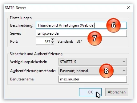 Dialogfenster zur Bearbeitung oder zum Hinzufügen eines Thunderbird Postausgangsservers (SMTP)