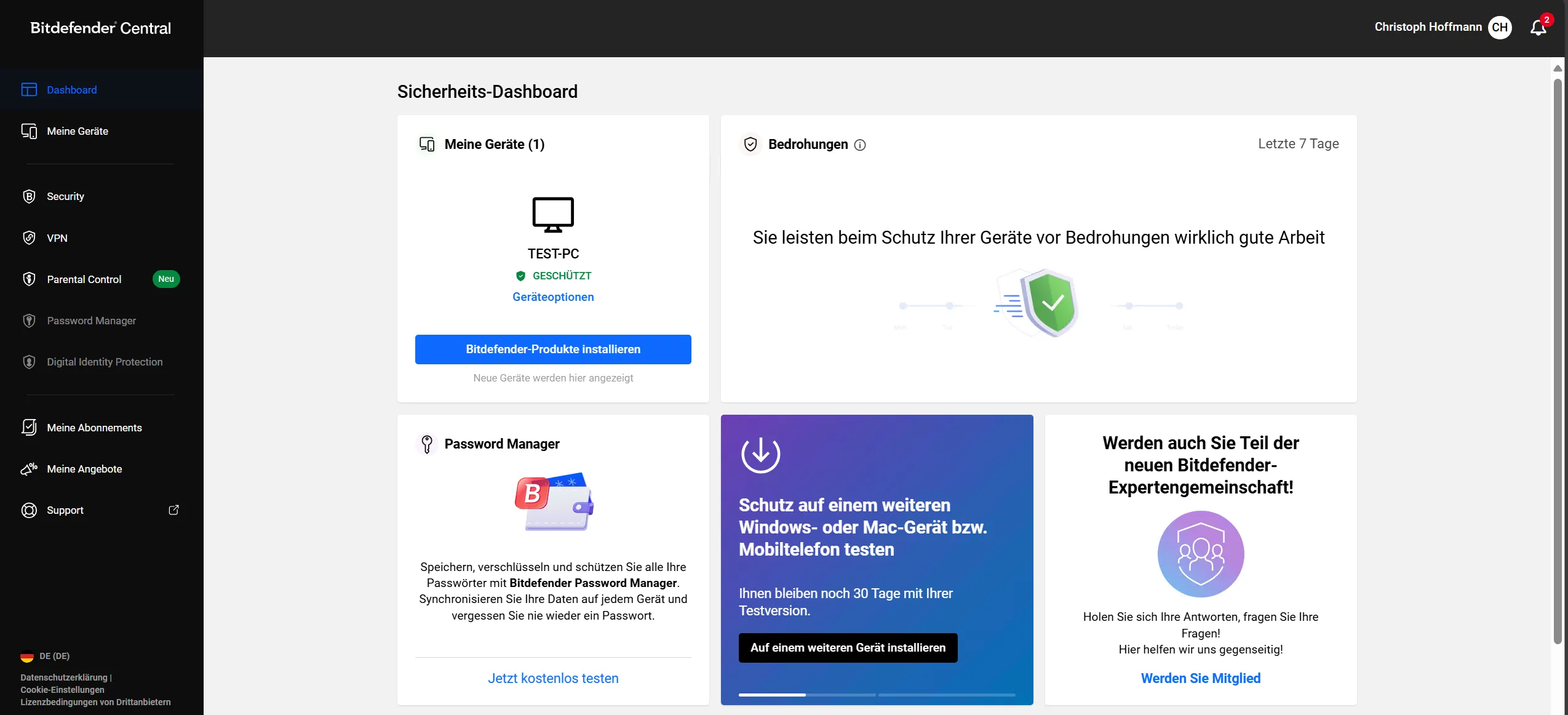Die Bitdefender Central Website für Kindersicherung und Gerätemanagement
