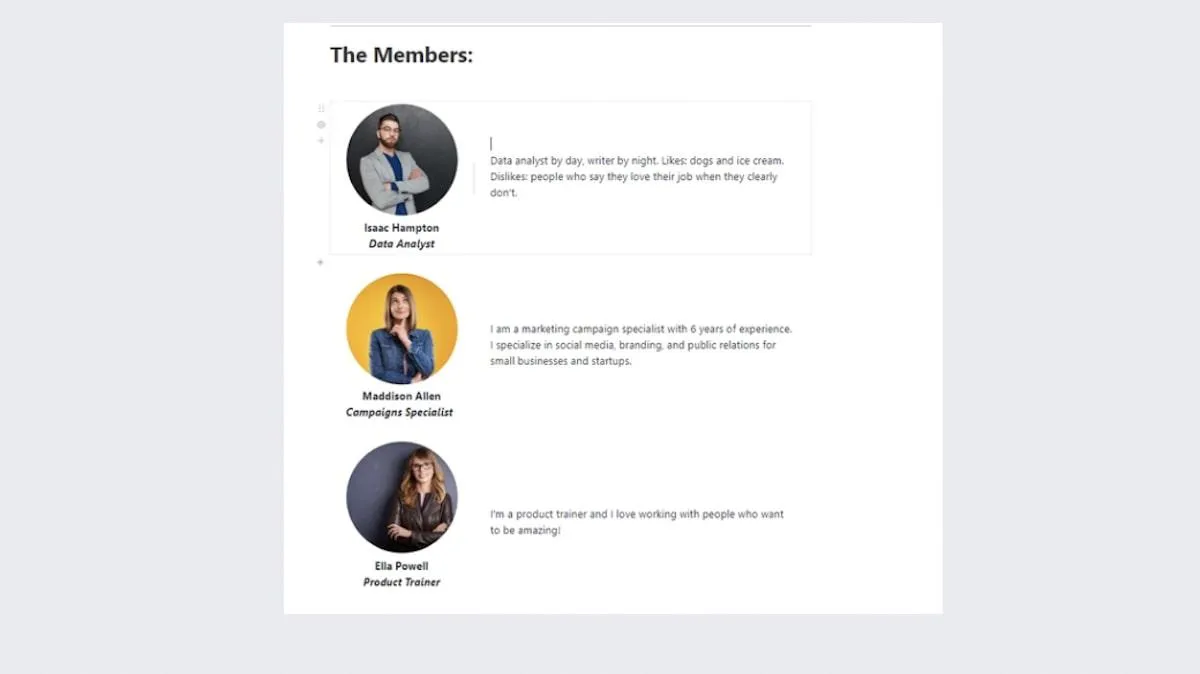 Die ClickUp 'Meet the Team' Vorlage zeigt eine ansprechende Kombination aus Mitarbeiterfotos und Textfeldern zur Vorstellung von Teammitgliedern.