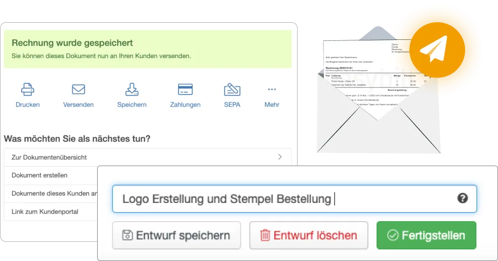 Die finale Ansicht einer erstellten Rechnung in easybill, bereit zum Versand