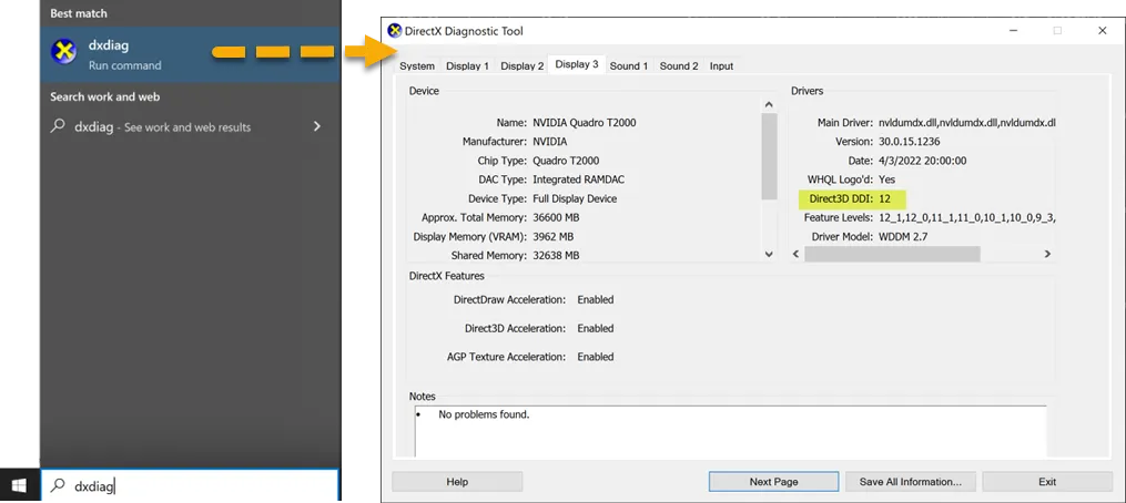 DirectX Diagnoseprogramm mit Direct3D DDI Version