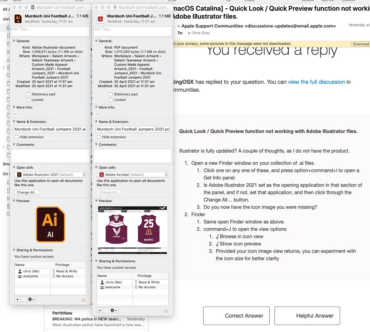 Direkter Vergleich der Dateivorschau zwischen einer AI-Datei und einer PDF-Datei im macOS Finder, wobei die AI-Datei keine Inhaltvorschau zeigt.