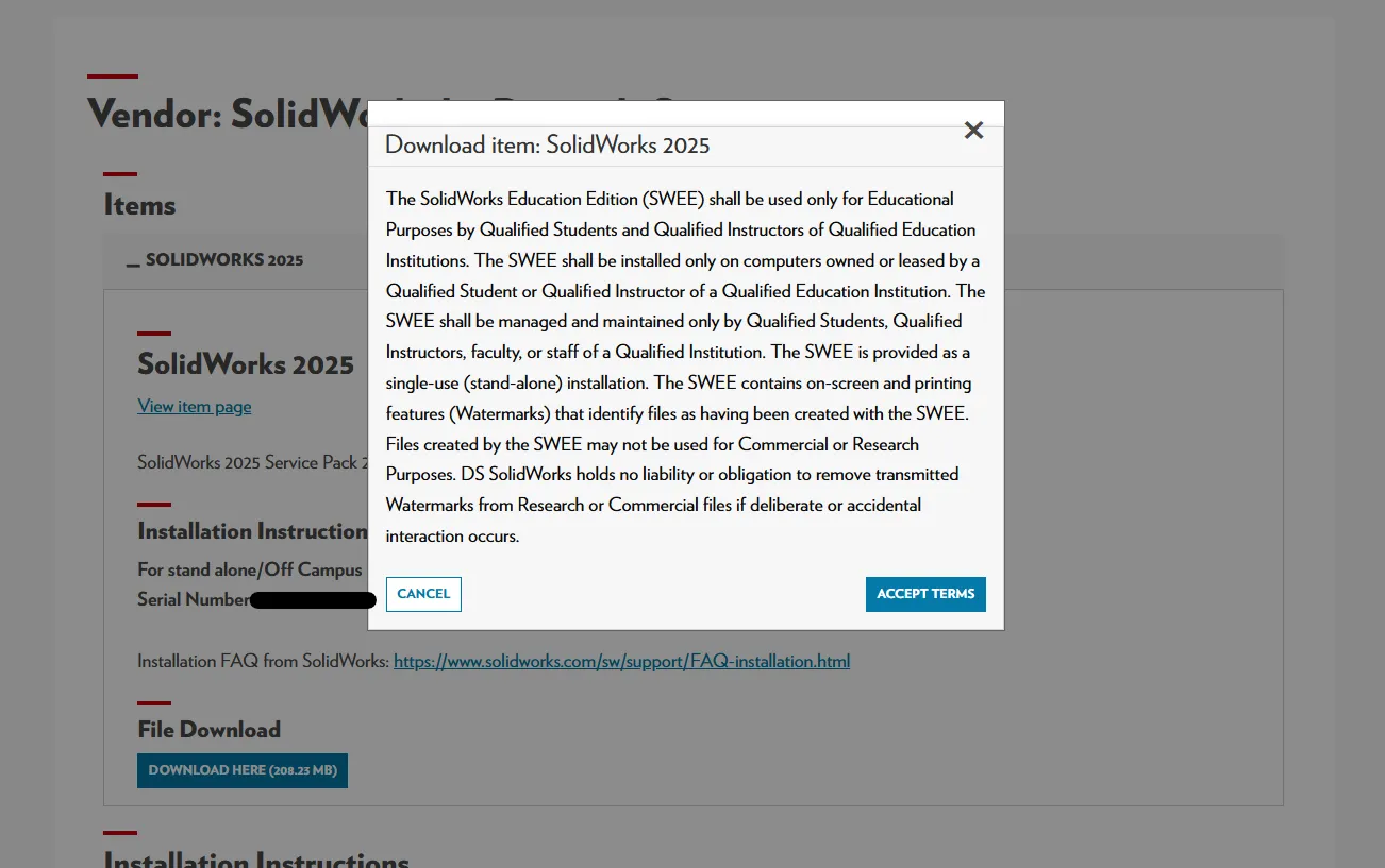 Download-Button für SolidWorks 2025 und Lizenzvereinbarung