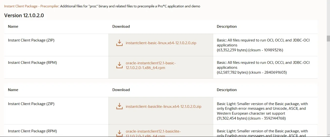 Downloadseite für Oracle Instant Client Treiber