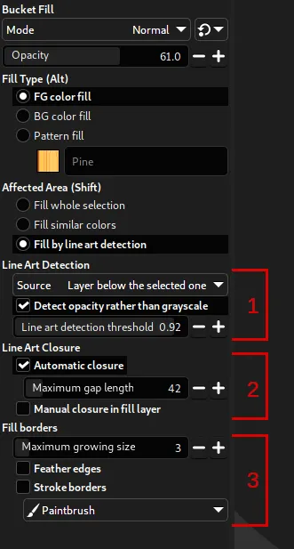 Drei Schritte im Linienkunstalgorithmus: (1) Linienerkennung, (2) Linienschluss, (3) Randstil in GIMP 2.99.12