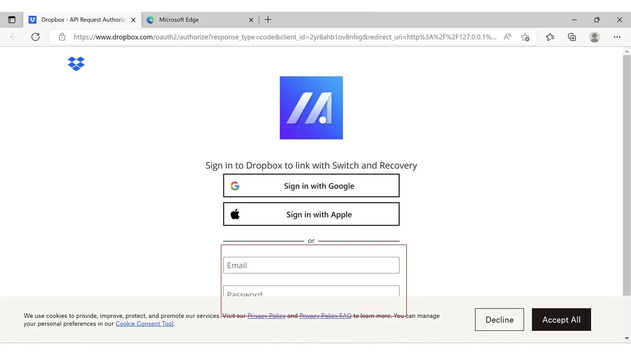 Dropbox Anmeldeschritt 1