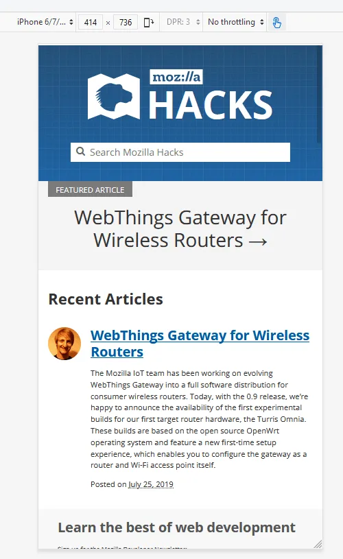 Dropdown-Menü für Netzwerkdrosselung im Firefox Responsive Design Mode