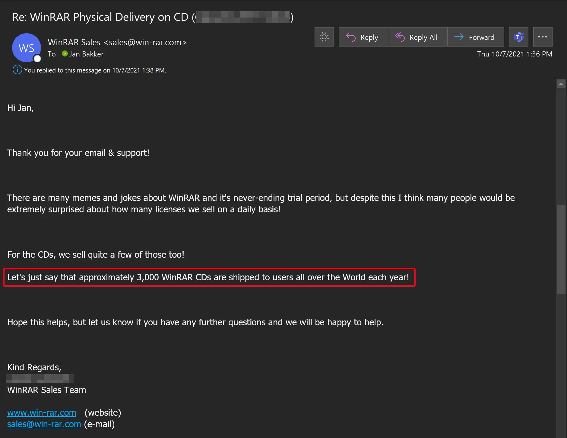 E-Mail-Bestätigung des WinRAR-Versandteams für die CD-Lizenzbestellung