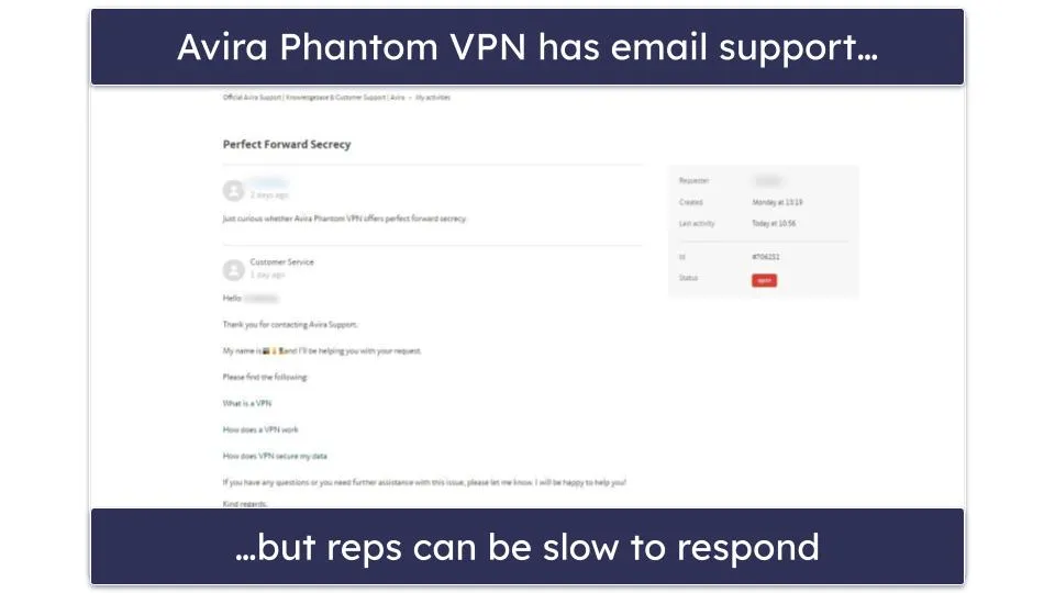 E-Mail-Support-Interface von Avira Phantom VPN im Test