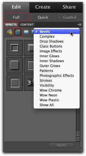 Ebenenstile-Palette in Photoshop Elements 9 mit verschiedenen Stiloptionen
