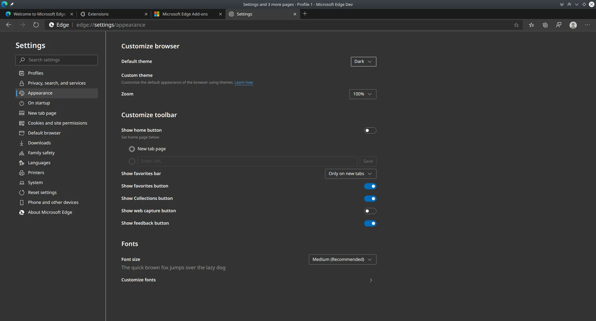 Edge-Einstellungen: Dunkles Thema aktiviert
