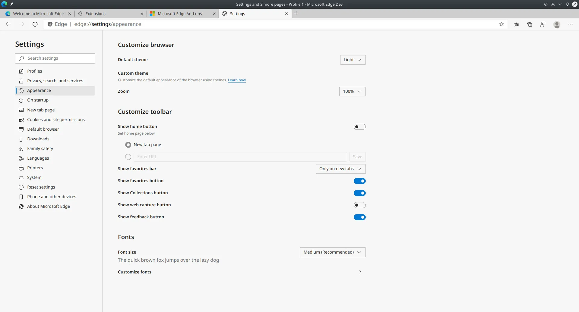 Edge-Einstellungen: Erscheinungsbild