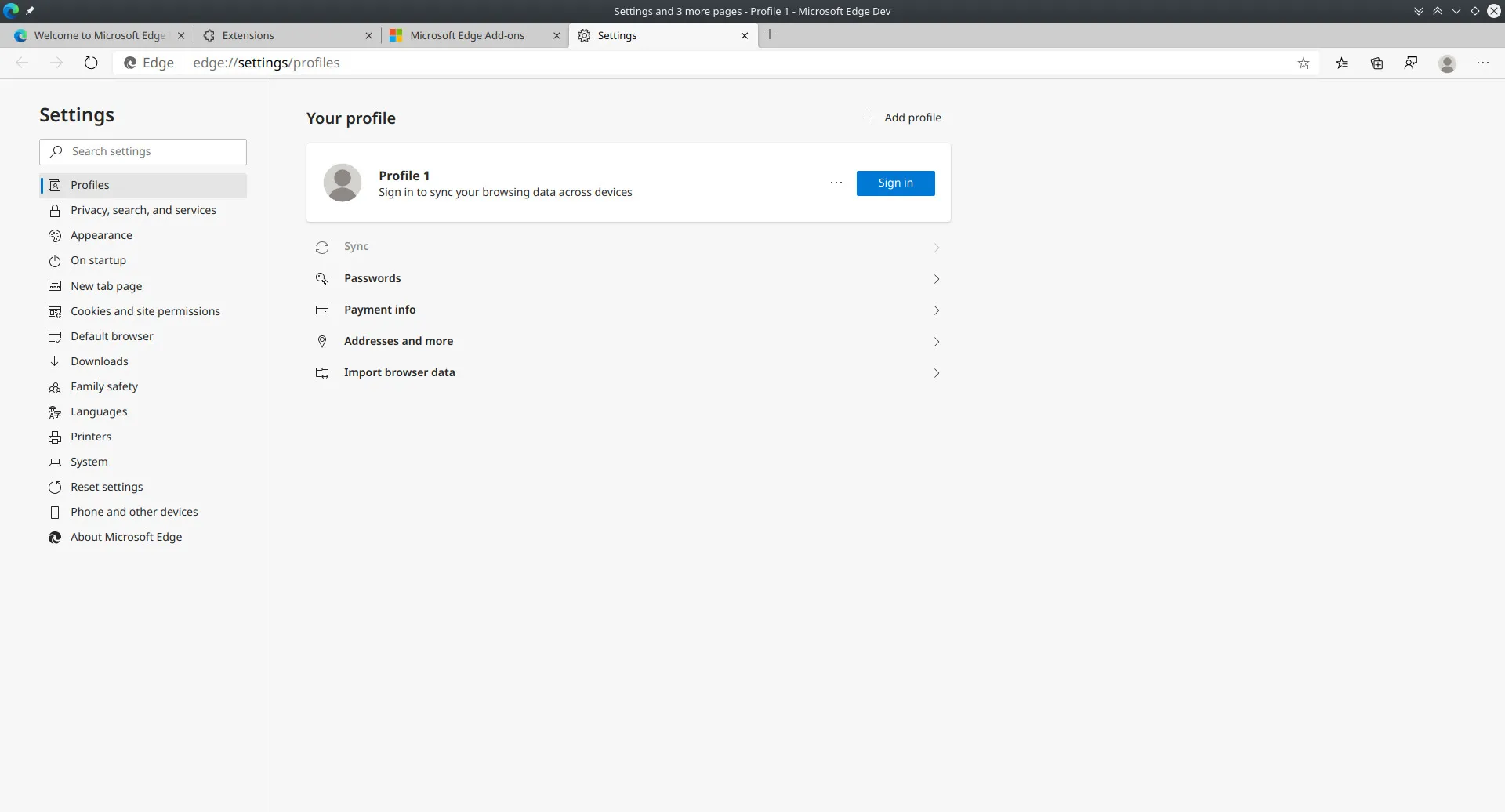Edge-Einstellungen: Hauptansicht
