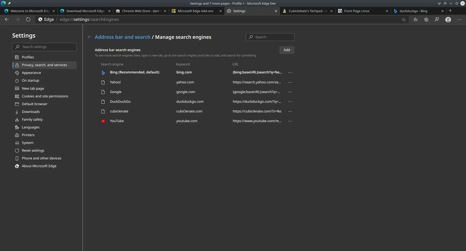 Edge-Einstellungen: Suchmaschinen-Optionen