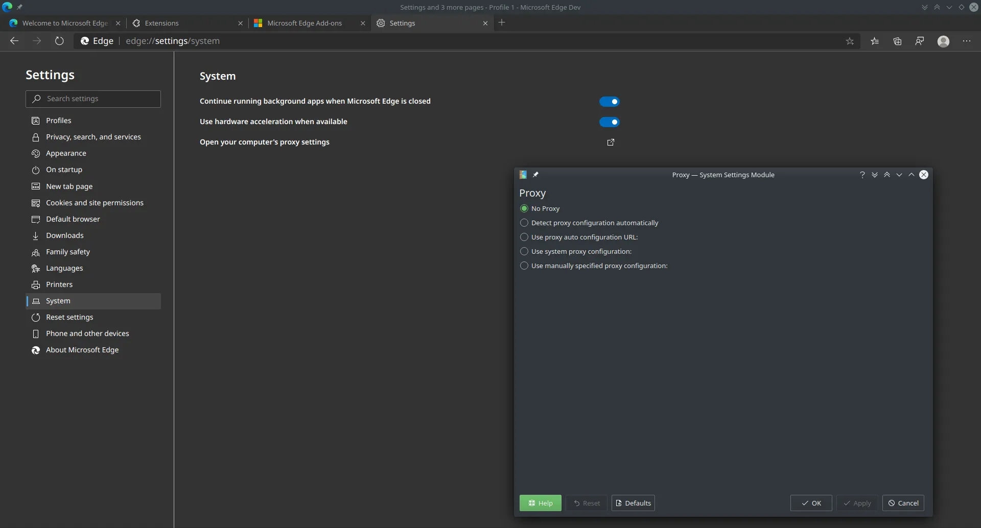 Edge-Einstellungen: System-Proxy (KDE Plasma-Modul)