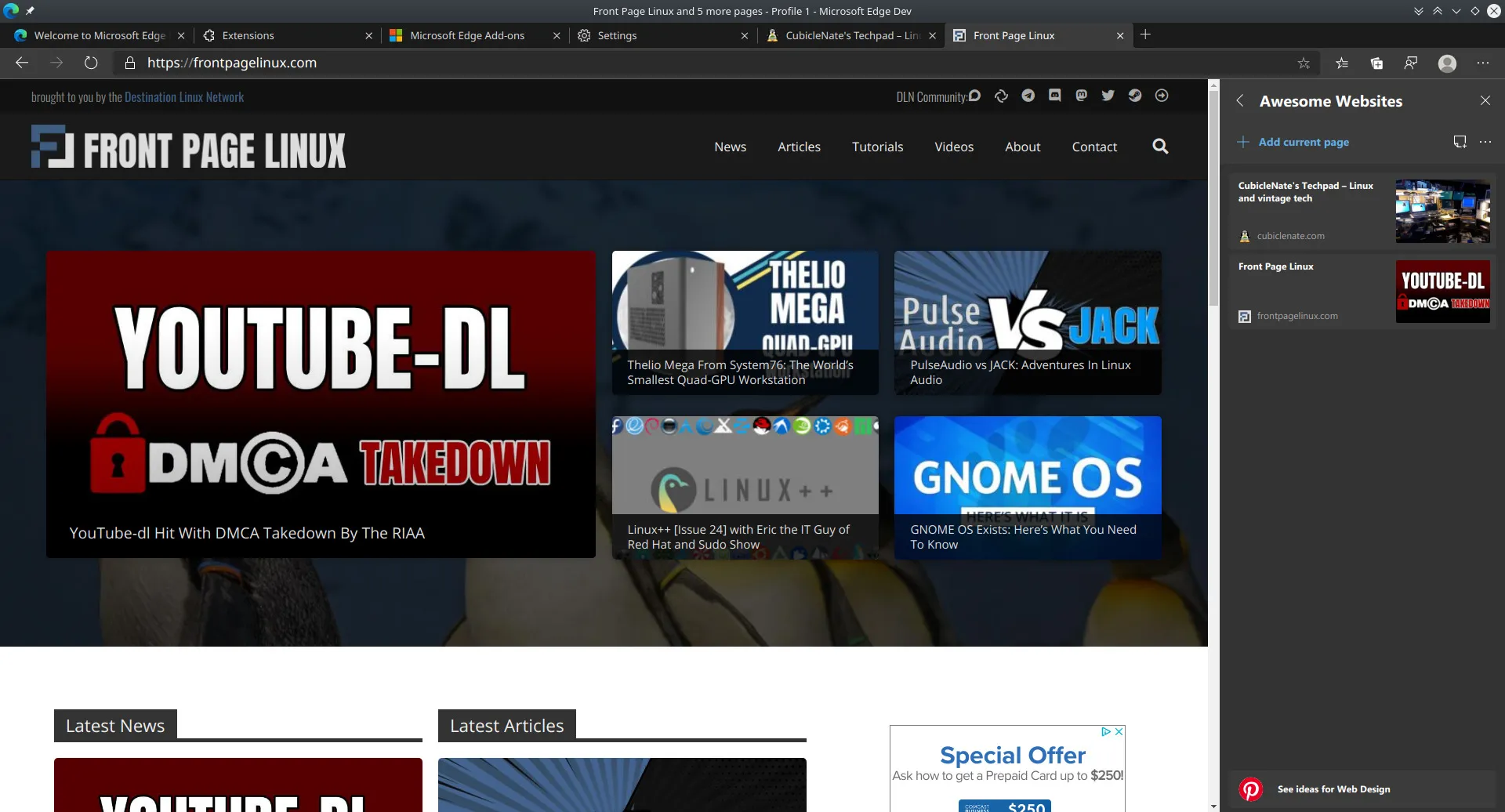 Edge-Sammlungen: Beispielseite mit Linux-Fokus